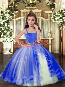 Sleeveless Tulle Floor Length Lace Up Kids Pageant Dress in Blue with Beading