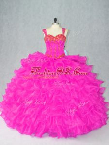 Flirting Organza Straps Sleeveless Lace Up Beading and Ruffles Quinceanera Dress in Fuchsia