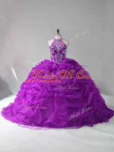 Purple 15th Birthday Dress Sweet 16 and Quinceanera with Beading and Pick Ups Halter Top Sleeveless Court Train Lace Up