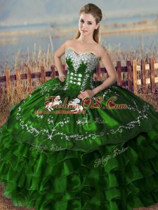 Green Quinceanera Dress Sweet 16 and Quinceanera with Embroidery and Ruffles Sweetheart Sleeveless Lace Up