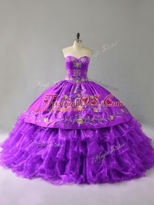 Customized Purple Sleeveless Floor Length Embroidery and Ruffles Lace Up Sweet 16 Quinceanera Dress
