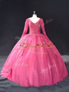 Customized Hot Pink Long Sleeves Floor Length Lace and Appliques Lace Up Sweet 16 Quinceanera Dress