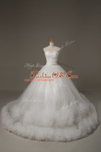 White Ball Gowns Sweetheart Sleeveless Tulle Court Train Lace Up Beading and Hand Made Flower Wedding Gown