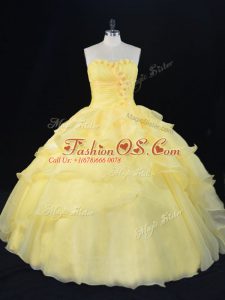 Yellow Ball Gowns Sweetheart Sleeveless Organza Floor Length Lace Up Hand Made Flower Quinceanera Dresses