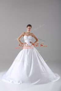 Affordable Sweetheart Sleeveless Bridal Gown Brush Train Beading White Taffeta