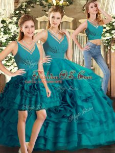Comfortable Teal Ball Gowns V-neck Sleeveless Organza Floor Length Backless Ruffled Layers Sweet 16 Quinceanera Dress