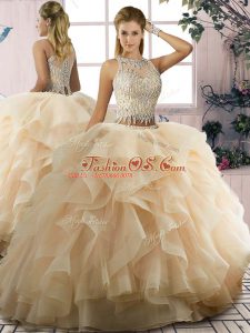 Ideal Champagne Scoop Neckline Ruffles Quinceanera Gown Sleeveless Lace Up