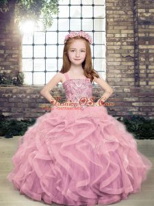 Nice Lilac Ball Gowns Straps Sleeveless Tulle Floor Length Lace Up Beading and Ruffles Pageant Dress for Teens