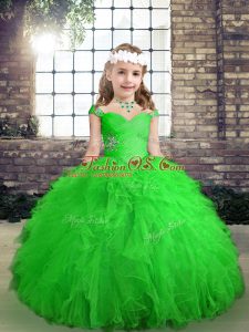 Green Lace Up Little Girls Pageant Dress Wholesale Beading and Ruffles Sleeveless Floor Length