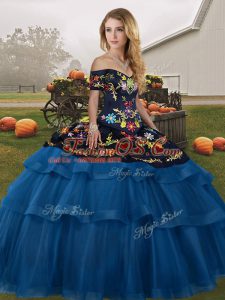 Romantic Blue And Black Sweet 16 Dresses Military Ball and Sweet 16 and Quinceanera with Embroidery and Ruffled Layers Off The Shoulder Sleeveless Brush Train Lace Up