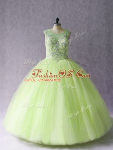 Shining Scoop Sleeveless Lace Up Sweet 16 Quinceanera Dress Yellow Green Tulle
