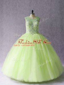 Shining Scoop Sleeveless Lace Up Sweet 16 Quinceanera Dress Yellow Green Tulle