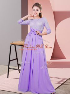 Unique 3 4 Length Sleeve Chiffon Floor Length Side Zipper Quinceanera Dama Dress in Lavender with Lace and Belt