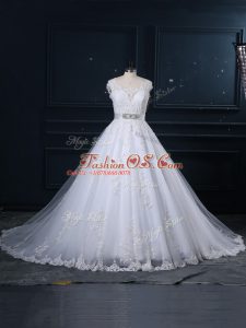 Fantastic Beading and Lace Wedding Dresses White Zipper Sleeveless Brush Train