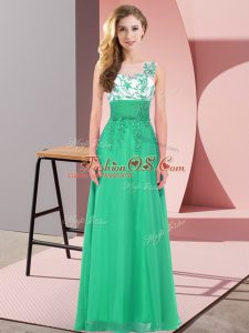 Floor Length Backless Damas Dress Turquoise for Wedding Party with Appliques