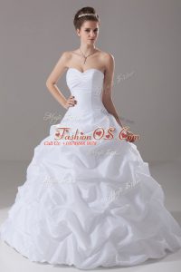 Deluxe White Wedding Gown Taffeta Brush Train Sleeveless Pick Ups