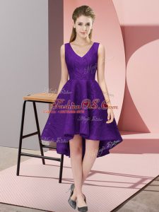 A-line Dama Dress for Quinceanera Purple V-neck Lace Sleeveless High Low Zipper