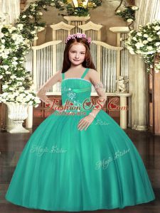 Popular Turquoise Ball Gowns Beading Little Girls Pageant Gowns Lace Up Tulle Sleeveless Floor Length