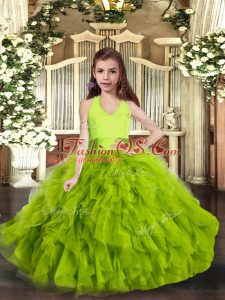Fancy Green Halter Top Neckline Ruffles Girls Pageant Dresses Sleeveless Lace Up