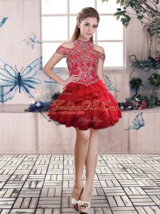 Red Halter Top Lace Up Beading and Ruffled Layers Prom Dress Sleeveless