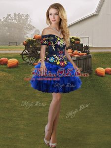 Royal Blue Organza Lace Up Off The Shoulder Sleeveless Mini Length Prom Party Dress Embroidery and Ruffled Layers