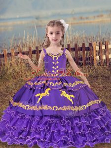 Sleeveless Floor Length Beading and Embroidery and Ruffled Layers Lace Up Little Girl Pageant Dress with Lavender