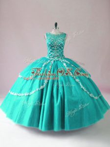 Top Selling Turquoise Tulle Zipper Scoop Sleeveless Floor Length Quince Ball Gowns Beading