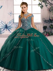 Stunning Green Quince Ball Gowns Tulle Brush Train Cap Sleeves Beading