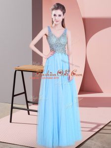 Amazing Sleeveless Floor Length Beading Zipper Military Ball Gowns with Baby Blue
