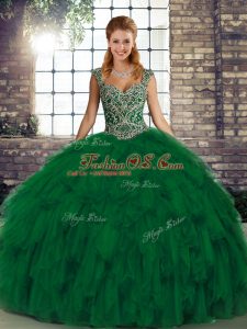 On Sale Green Lace Up Straps Beading and Ruffles Quince Ball Gowns Organza Sleeveless