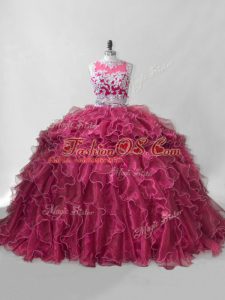 Wine Red Two Pieces Organza Scoop Sleeveless Beading and Ruffles Zipper Quinceanera Gown Brush Train