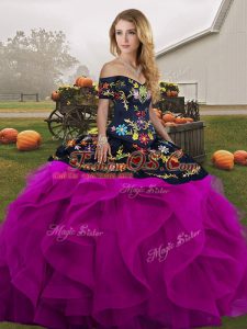 Black And Purple Tulle Lace Up Off The Shoulder Sleeveless Floor Length Vestidos de Quinceanera Embroidery and Ruffles