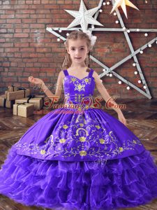 Sleeveless Satin and Organza Floor Length Lace Up Little Girl Pageant Dress in Lavender with Embroidery and Ruffled Layers