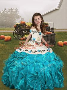 Aqua Blue Straps Neckline Embroidery and Ruffles Little Girl Pageant Gowns Sleeveless Lace Up