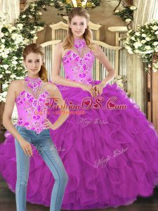 Fuchsia Halter Top Lace Up Embroidery and Ruffles Vestidos de Quinceanera Sleeveless