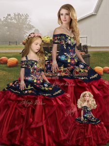 Shining Red And Black Sweet 16 Quinceanera Dress Military Ball and Sweet 16 and Quinceanera with Embroidery and Ruffles Off The Shoulder Sleeveless Lace Up