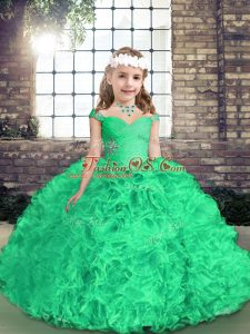 Most Popular Green Sleeveless Beading and Ruffles Floor Length Kids Pageant Dress