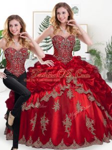 Wine Red Two Pieces Sweetheart Sleeveless Organza Floor Length Lace Up Beading and Appliques and Pick Ups Sweet 16 Dresses