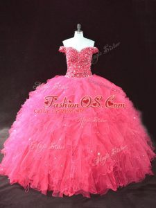 Deluxe Off The Shoulder Sleeveless Lace Up Sweet 16 Dress Hot Pink Tulle