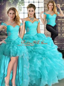 Inexpensive Floor Length Three Pieces Sleeveless Aqua Blue Vestidos de Quinceanera Lace Up