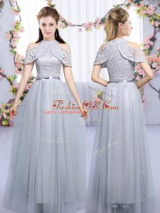 Super Grey Quinceanera Dama Dress Wedding Party with Lace and Belt High-neck Sleeveless Zipper