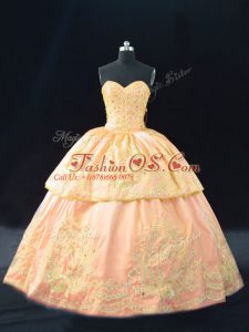 Peach Satin Lace Up Halter Top Sleeveless Floor Length 15th Birthday Dress Appliques