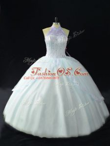 Romantic Ball Gowns Vestidos de Quinceanera Blue Halter Top Tulle Sleeveless Floor Length Lace Up