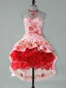 Elegant Ball Gowns Red Halter Top Satin and Organza Sleeveless High Low Lace Up