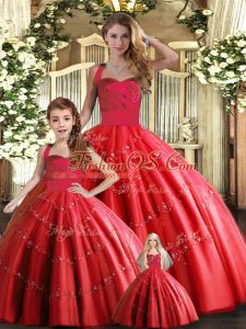 Attractive Tulle Halter Top Sleeveless Lace Up Appliques Quinceanera Gown in Red