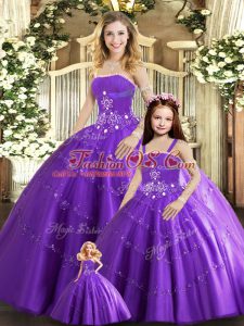 Lovely Purple Ball Gowns Beading Quinceanera Gowns Lace Up Tulle Sleeveless Floor Length