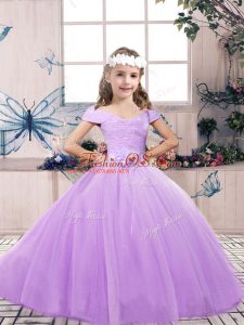 Customized Lavender Off The Shoulder Neckline Belt Pageant Dress Sleeveless Lace Up