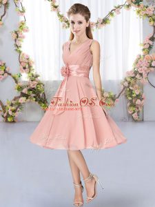 Knee Length Pink Dama Dress V-neck Sleeveless Lace Up