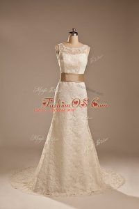 Luxurious Sleeveless Brush Train Lace and Belt Backless Wedding Gowns