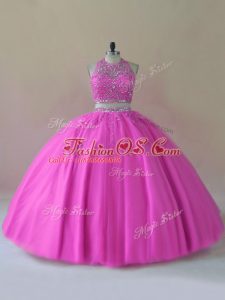 Modern Lilac 15th Birthday Dress Sweet 16 and Quinceanera with Beading Halter Top Sleeveless Backless